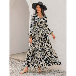 Abito Elegante da Donna con Collo Annodato e Maniche Lunghe, Stampa Smocked Sexy Estivo, Traspirante con Vita Elastica, Taglia XS, Ideale per il Giorno e il Club - Product Image 6