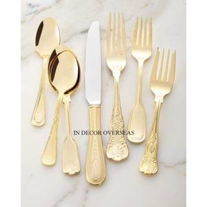 Set de couverts en acier inoxydable, argent, poli et brillant avec feuilles plaquées or Poignées design Ustensiles de cuisine pour la maison et l'hôtel - Product Image 3