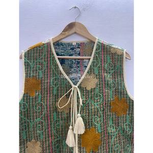 100% algodón Kantha chaleco-abrigo hecho a mano único Chaleco de invierno con bordado Floral chaleco Suzani tela sin mangas cintura-abrigo - Product Image 2