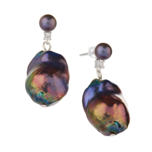 Pendientes de perlas cultivadas de agua dulce Peacock con topacio blanco en plata de ley 20 x 14 mm - Product Image 1