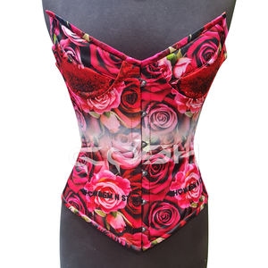 Corset en satin imprimé roses rouges, bustier romantique à baleines en acier pour l'amélioration de la silhouette, vente en gros, fabricant et fournisseur - Product Image 1