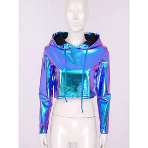 เสื้อกันหนาวกีฬาสำหรับผู้หญิงเสื้อครอปมีฮู้ดเมทัลลิกแขนยาวมีซิปเสื้อครอปแบบลำลอง - Product Image 1