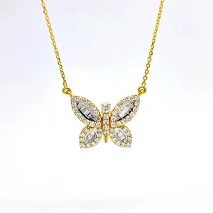 Best Deal 2023 Baguette Diamond Butterfly Necklace Latest Designed 4k Solid Gold Diamond Necklace For Sale