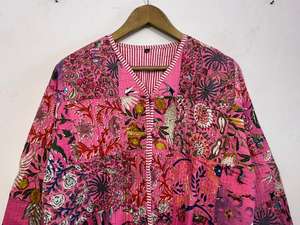 Floral Printed Kantha Quilted Cotton Jacket Men And Womens V Neck Cotton Patchwork Jacket - Boho Comfortable Pink Color Cotton - Product Image 5