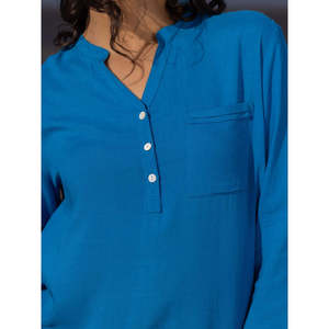 Blusa Vintage Azul de Gasa con Cuello Redondo y Manga Tres Cuartos con Detalle de Botones - Corte Ajustado Informal para Fiesta - Product Image 3