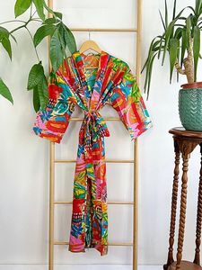 Algodón puro bloque indio impreso casa bata verano Kimono Floral playa encubrimiento cómodo maternidad mamá naranja ráfaga verde abstracto - Product Image 3