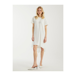 Robe décontractée pour femme en coton blanc, longueur midi, avec imprimé sur le devant, silhouette en A - Product Image 1