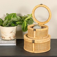 Boîte de rangement ronde en rotin empilable avec couvercles en verre, boîte de rangement artisanale, écologique, naturelle, décoration intérieure et extérieure, vente en gros du Vietnam