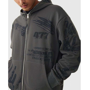 Sudadera con Capucha de Algodón Gris de Manga Larga de Alta Calidad, Talla Grande, Holgada, con Cierre Completo, Estampado Gráfico Cuadrado para Hombre - Product Image 4