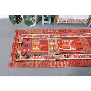 Turkish Kilim Rug 2.9x8.7 ft, <b>Red</b> Orange Check <b>Wool</b> Vintage Rug - Product Image 5