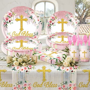 Ensemble de vaisselle jetable élégant à motif floral pour baptême, assiettes et gobelets en papier pour baby shower - Product Image 2
