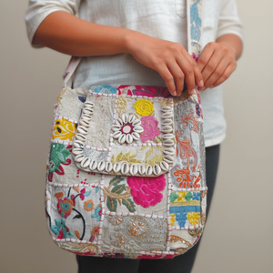 Noorja Kambhari Vintage Lady Bohemian Art Patchwork <b>Shoulder</b> Bag Single <b>Strap</b> Geometric Embroidery Pattern Polyester Zipper - Product Image 1