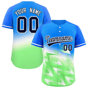 Camiseta de Béisbol Sublimada Personalizada con Patrón en Zigzag Degradado Azul y Verde, Uniforme de Equipo de Manga Corta con Nombre y Número - Product Image 1