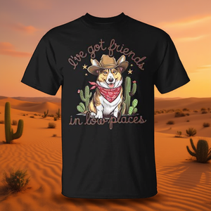 T-shirt vintage western con stampa 'I've Got Friends in Low Places' e Corgi per articoli promozionali - Product Image 3