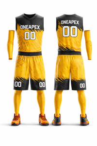 Ensemble d'uniformes de basket-ball sublimés personnalisés |   Maillot et short sans manches jaune et noir |   Vêtements de sport pour équipes OEM - Product Image 6