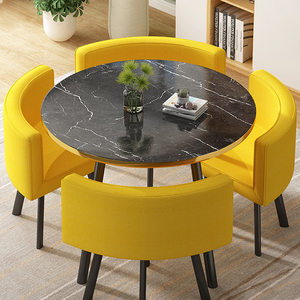 Bộ bàn ăn hiện đại kiểu Pháp tiết kiệm không gian, bàn tròn mặt đá cẩm thạch chân kim loại vàng và 4 ghế, phù hợp cho nhà nhỏ, nhà hàng. - Product Image 5