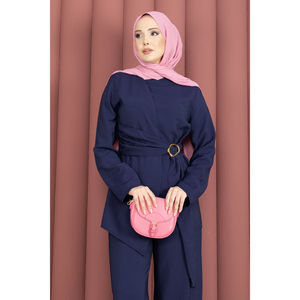 Navy Blue <b>Linen</b> Tunic and Pants Two-Piece Set with Waist Belt Accessory Detail Large Size for Summer and Autumn Outfits - Product Image 2