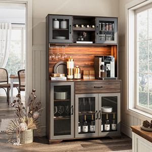 <span class=keywords><strong>Buffet</strong></span> de cuisine haut en noyer foncé avec portes vitrées, grand meuble de rangement pour café avec casier à vin et tiroir - Product Image 2
