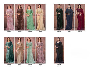 Sari en soie satinée avec travail de paillettes riches sur toute la surface, ornements de perles, sari extensible avec blouse - Product Image 2