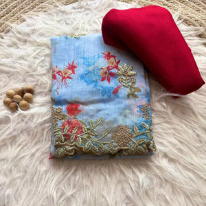 Sari de seda pakistaní de diseño con estampado floral y bordado para bodas y fiestas - Product Image 1