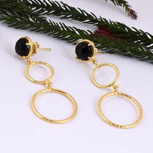925 Sterling <b>Silver</b> Gold Plated Earring, Natural Black Onyx Long Dangler Earring Collection - Product Image 1