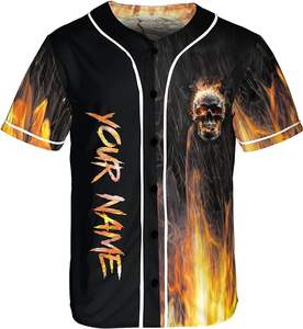 Camiseta de béisbol de manga corta con gráfico de calavera de llama de los hombres con nombre personalizado ropa deportiva transpirable con cierre de botón - Product Image 6