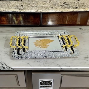 Ornate <b>Silver</b> Gold Nesting Stainless Steel Serving Tray <b>Set</b> Embossed Border Grape Pattern Decorative <b>Tea</b> Coffee Platter Wedding - Product Image 1