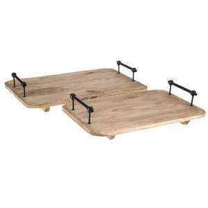 Bandeja de servicio Marco de metal negro moderno Madera de Acacia Bandeja de vajilla de lujo redonda Bandejas de servicio decorativas para servir el desayuno - Product Image 3