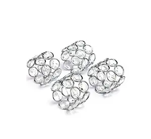 Set Empat cincin serbet kristal dan Stainless Steel, cincin serbet bentuk bulat warna perak, dekorasi meja pesta pernikahan, cincin serbet