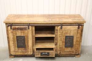 Vintage Industrial Mango Wood Accent Cabinet with Sliding Doors Rustic Craft Storage New Design for Hotel Use Brown <b>Wooden</b> - Product Image 5