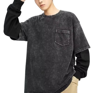 เสื้อยืดแขนยาวสองชั้นสีดำแบบย้อมกรด น้ำหนัก 345 กรัม ทรงหลวมแฟชั่นผู้ชาย ไหล่ตก เสื้อยืดสองชั้น - Product Image 3