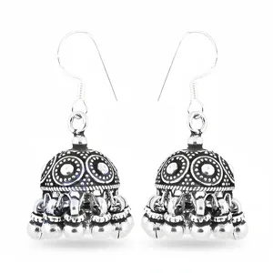 Boucles d'oreilles Jhumka traditionnelles indiennes en argent 925 pour femmes, bijoux culturels vintage de collection - Product Image 3