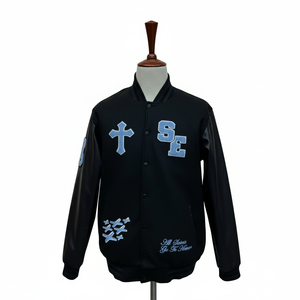 Veste de sport pour homme en coton de style fantaisie sur mesure en gros avec manches en cuir, broderie en chenille, séchage rapide et br - Product Image 3