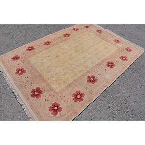 Vintage Turkish Rug Classic <b>Pink</b> Beige 5.3 X 7.5 ft Handmade Patchwork Design <b>Wool</b> Latex for Living Room Hallway for Teens - Product Image 2
