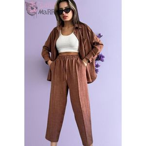 Pantaloni camicia da donna in lino Beige doppio con spago - Product Image 4