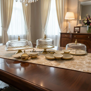 Plateaux de service en aluminium personnalisés de style vintage, écologiques, avec bordure dorée, couvercles en verre texturé, ensemble complet pour l'organisation de fêtes - Product Image 3