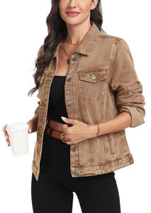 Chaqueta vaquera personalizada marrón almendra para mujer temporada de invierno chaqueta vaquera de mujer de diseño Premium de punto estampado relleno de algodón - Product Image 4