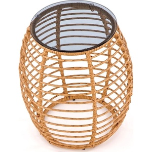 Table d'appoint en rotin avec dessus en verre tissé à la main, cadre en métal, Table d'appoint en rotin naturel - Product Image 4