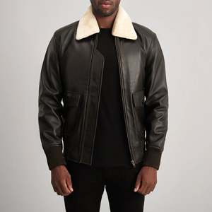 Airin G-1 Genuine <b>Sheepskin</b> Leather Waterproof Aviator Bomber <b>Jacket</b> Brown & for Winter Men's XS Zippered Closure Reversible - Product Image 3