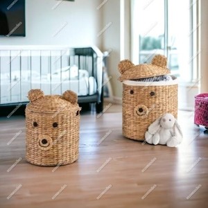Unique Hand Woven Eco Friendly Cute Animal Shape Organizer <b>Nursery</b> Gift Storage <b>Basket</b> With Lid for Kids Toys Container - Product Image 3