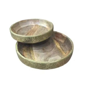 Ensemble de 2 plateaux de travail islamiques en bois et métal de forme personnalisée de qualité supérieure Plateaux de service alimentaire à forte valeur ajoutée Fournitures de restaurant - Product Image 3