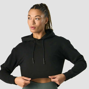 Womens <b>Black</b> Cropped Pullover Hoodie Activewear Gym Hooded <b>Sweatshirt</b> Casual Workout Streetwear Custom Fitness Hoodies - Product Image 2