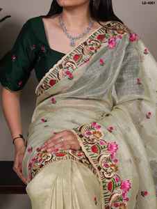 Dernier modèle de sari pour femmes, pour mariage et festivals, en tissu Zari Kota, broderie au fil, travail de broderie, avec un chemisier en soie Banglory - Product Image 6