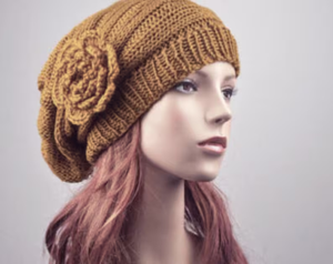 Women's Winter Wool Beret Hat Hand Knit Oversized <b>Bonnet</b> with Crochet Flower Charcoal/Dark Grey for Outdoor/Casual Wear - Product Image 3