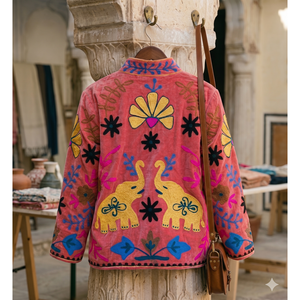 Veste en coton tricoté réversible Gulaabi Elefante, brodée à la main, motif floral Suzani, col montant, style Prairie Chic pour le printemps - Product Image 5