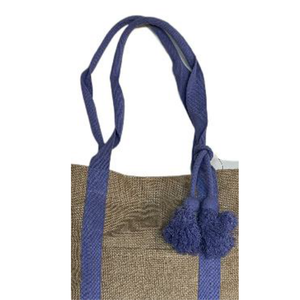 Sac fourre-tout en jute écologique avec poignée intégrée, pompon, ruban en chevrons, motif uni, fermeture personnalisée, accessoire tendance - Product Image 2