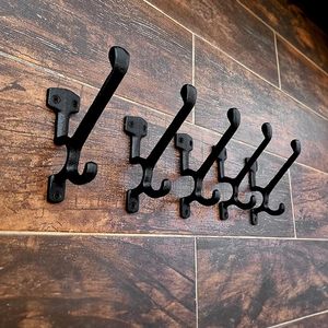 Antique Black Heavy-Duty Double <b>Hooks</b> <b>Wall</b>-Mounted Coat <b>Hooks</b> Decorative Cast Iron With Vintage Inspired Design - Product Image 6