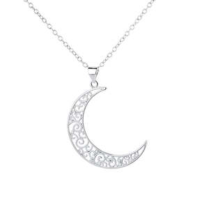 Collana con Pendente Luna in Filigrana d'Argento Sterling con Diamante e Perla, Placcata in Rodio, Catene alla Moda per Matrimoni o Fidanzamenti - Product Image 1
