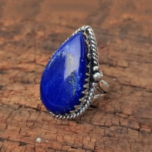 Anillo fino de lapislázuli en forma de pera de Plata de Ley 925 hecho a mano para mujer, ajuste de bisel, joyería de boda elegante para fiestas - Product Image 1