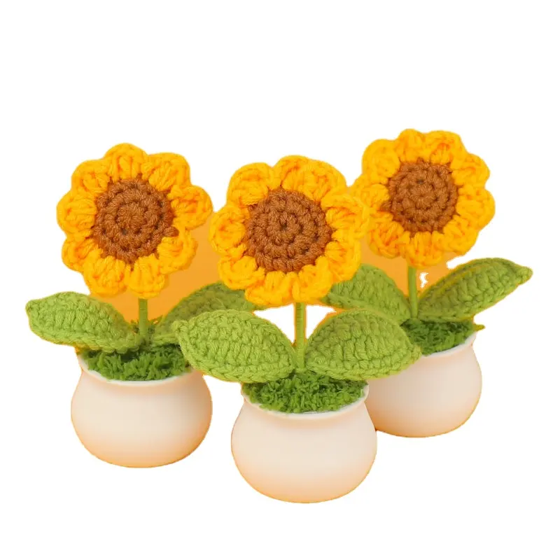Handgemachte gewebte Sonnenblumen-Tischdekoration verschiedene Stile Töpfchen-Wollblumen für Heimdekoration für Weihnachten Graduierung Ostern